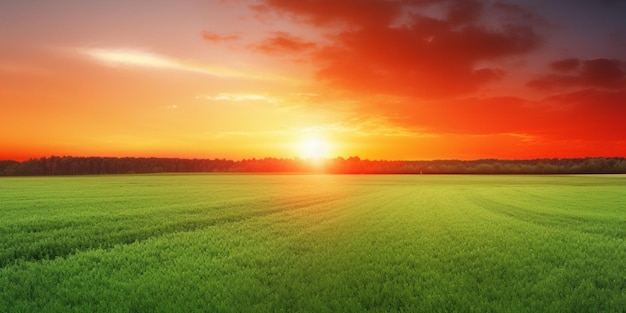 Un campo con un atardecer de fondo