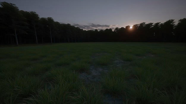 Un campo con un atardecer de fondo