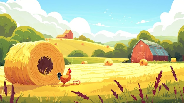 Foto en el campo, las balas de heno se sientan en un campo de heno, un pollo con gusanos de tierra, graneros de heno amarillos y una gallina sosteniendo un gusano. ilustración moderna de un paisaje rural con balas de hino, una gallina y un