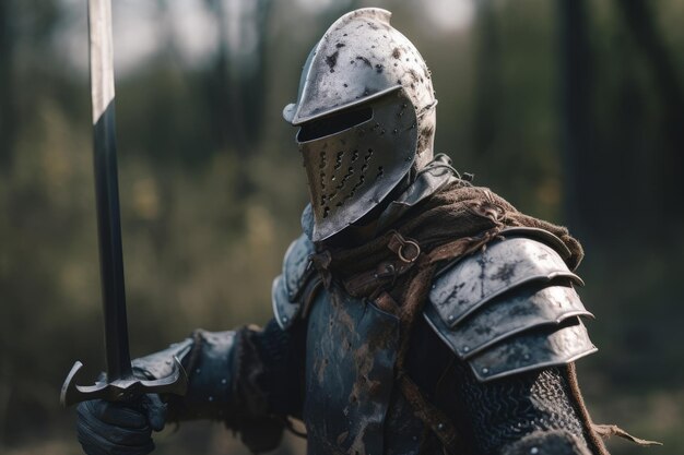 Foto en el campo de batalla, un caballero armado solitario se para con una espada en la mano, revelando marcas de batallas pasadas.