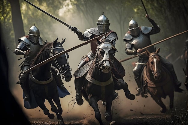 Foto campo de batalla épico ejércitos de caballeros medievales luchando con espadas red neuronal ia generada