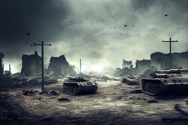 Campo de batalla con tanques rotos de la Segunda Guerra Mundial Equipo destruido polvo y montones de escombros
