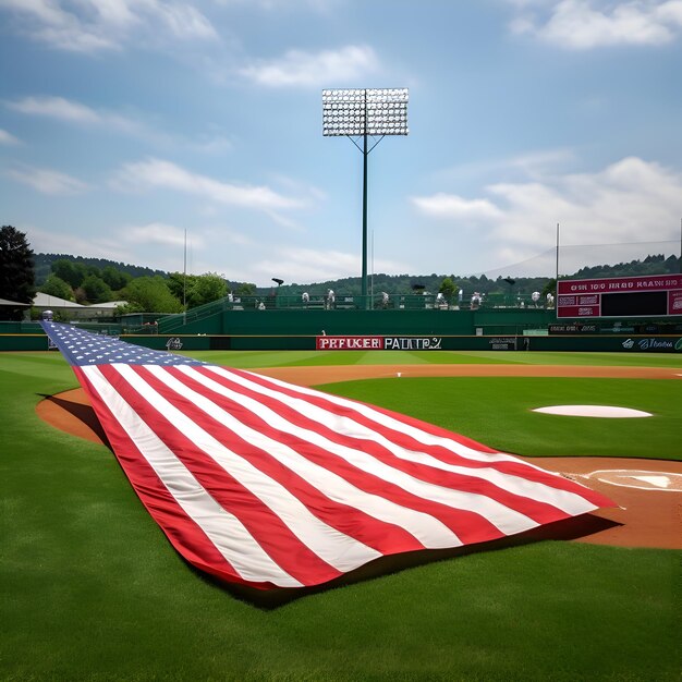 Foto campo de béisbol con bandera estadounidense y equipos de béisbol en el fondo