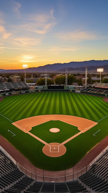 Foto campo de béisbol con puesta de sol y montañas en el fondo