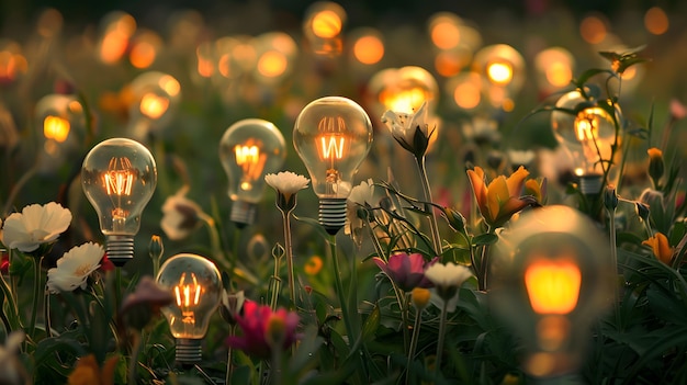 Un campo de bombillas en forma de flores como un concepto para el ahorro de energía AI Generado