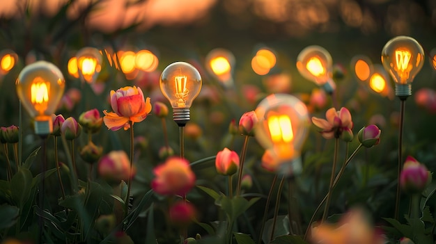 Un campo de bombillas en forma de flores como un concepto para el ahorro de energía AI Generado