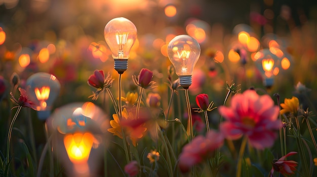 Un campo de bombillas en forma de flores como un concepto para el ahorro de energía AI Generado