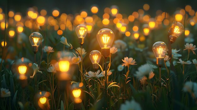 Un campo de bombillas en forma de flores como un concepto para el ahorro de energía AI Generado