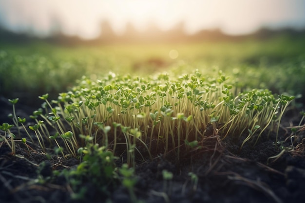 Un campo de brotes con el sol brillando en el fondo.