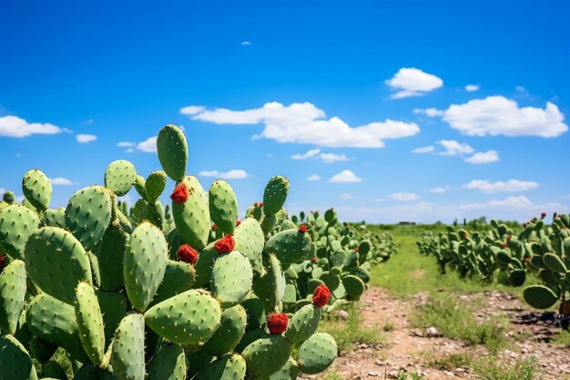 Foto el campo de cactus de pera espinosa contra el cactus del cielo azul