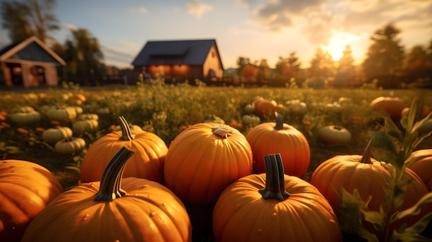 campo con calabazas naranjas al atardecer hermosa escena de otoño