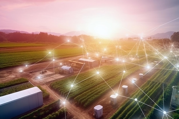 Un campo con un campo de cultivos y una red de líneas que dicen 'inteligente'
