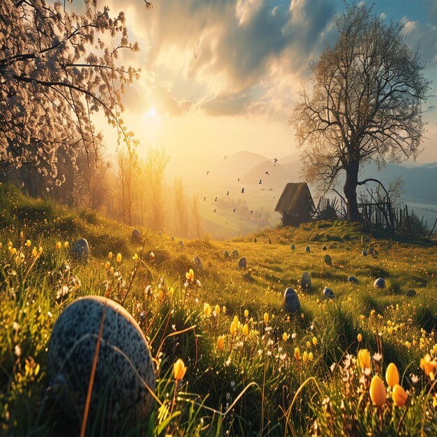 un campo con un campo con flores y un árbol con un fondo de cielo