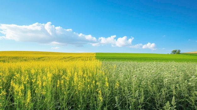 Campo de cáñamo en primer plano y campo de colza detrás paisaje rural con cielo azul