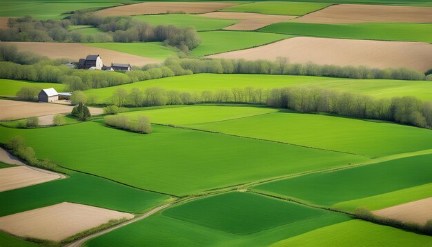 un campo con una casa y árboles en el fondo