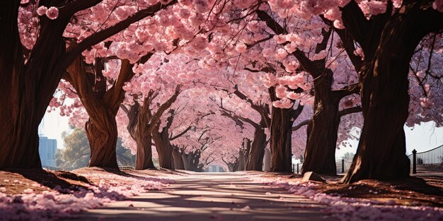 Foto un campo de cerezas en plena flor está en el fondo