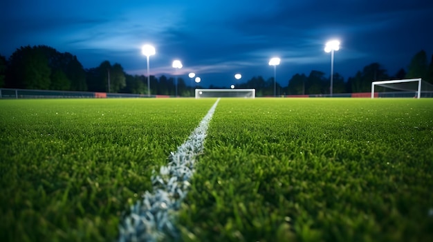 campo de césped de fútbol en el fondo de la tarde generativo ai