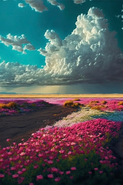 Campo cheio de flores cor de rosa sob um céu nublado generativo ai