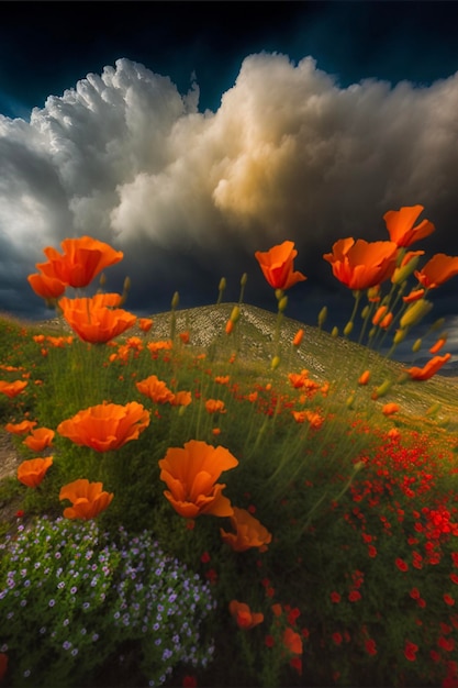 Campo cheio de flores de laranja sob um céu nublado generativo ai