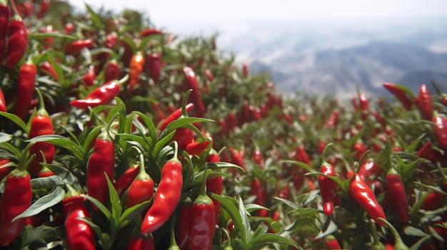 Un campo de chiles rojos con montañas al fondo