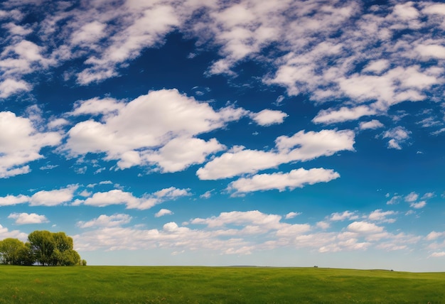 Un campo con un cielo azul y nubes.