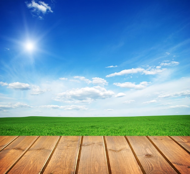 Foto campo bajo cielo azul. piso de tablones de madera