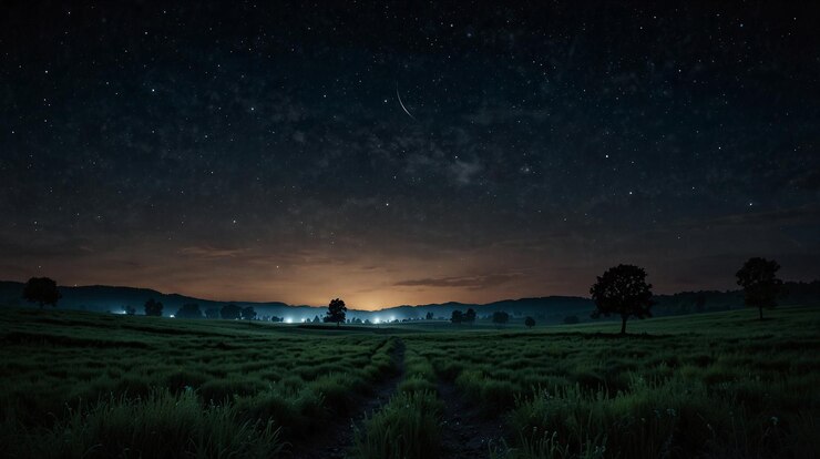 un campo con un cielo lleno de estrellas y un árbol en primer plano