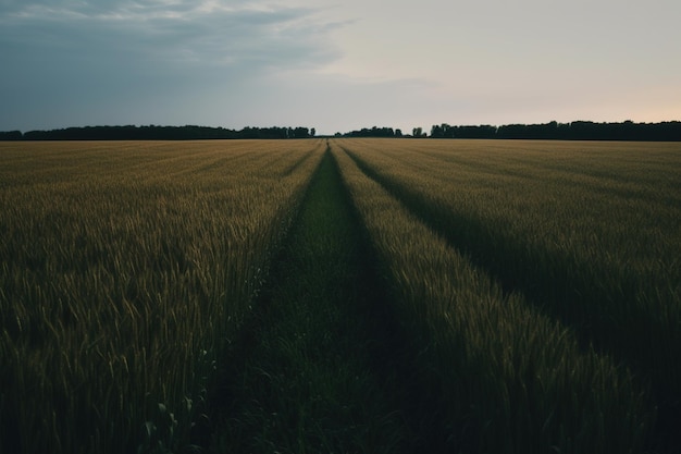 Un campo con un cielo oscuro y un campo con huellas en el medio.