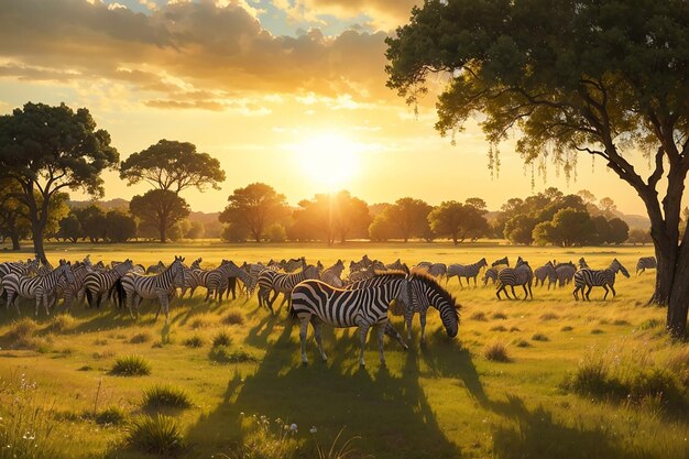 Campo coberto de grama e árvores cercadas por zebras sob a luz do sol durante o pôr do sol