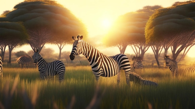 Campo coberto de grama e árvores cercado por zebras sob a luz do sol durante o pôr do sol