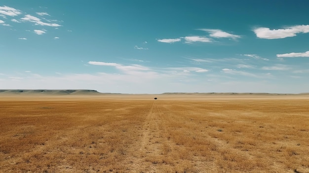 Un campo con un coche a lo lejos y un cielo azul de fondo.