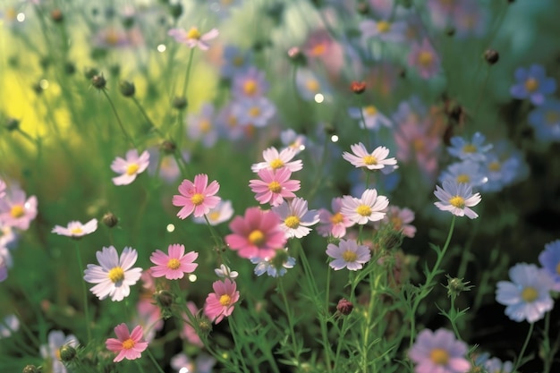 Campo de coloridas flores del cosmos en primavera por la mañana creado con tecnología de IA generativa