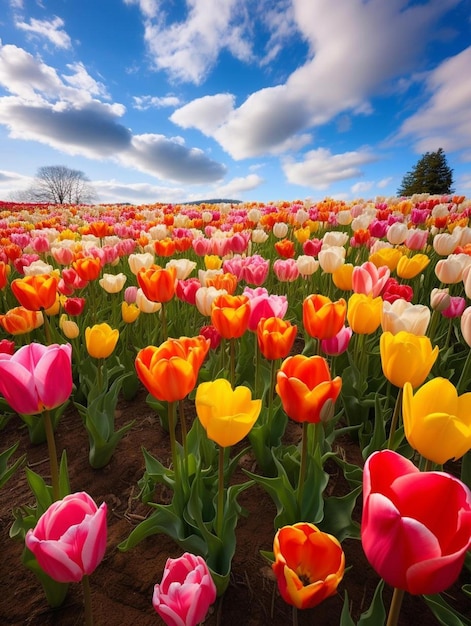 Foto un campo de coloridos tulipanes bajo un cielo azul nublado