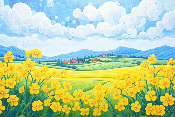 El campo de colza amarillo en plena floración