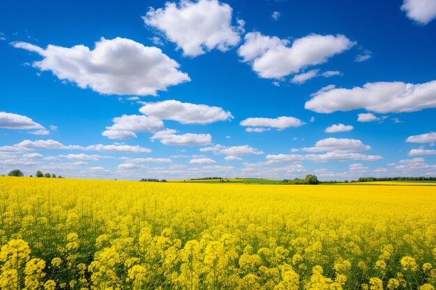 campo de colza en flor y cielo azul con nubes de fondo natural