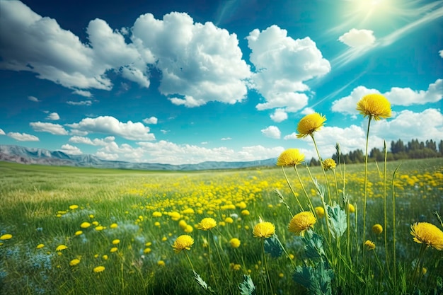 Campo com flores amarelas e céu azul