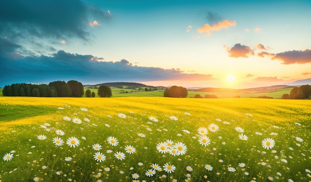 Campo com flores de primavera ao pôr do sol Generative AI