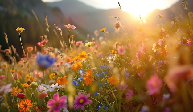 Campo com flores multicoloridas ao pôr-do-sol O conceito de uma paisagem natural pacífica