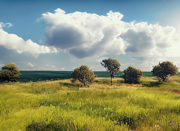 Campo com grama e pequenas árvores e nuvens