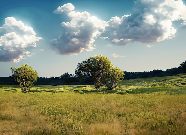 Campo com grama e pequenas árvores e nuvens