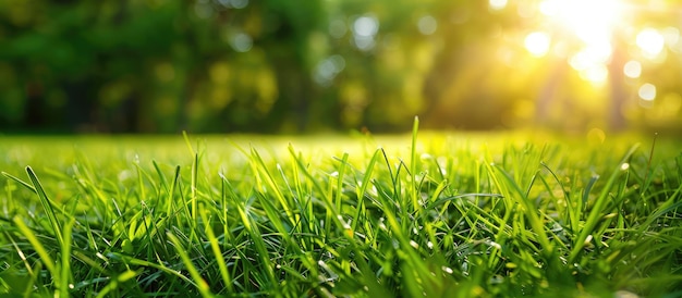 Campo com grama verde com fundo ensolarado durante a primavera ou o verão