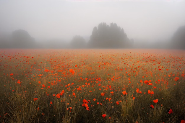 Campo com papoula vermelha florescendo em uma manhã de neblina ao nascer do sol Linda paisagem rural de verão ilustração 3D