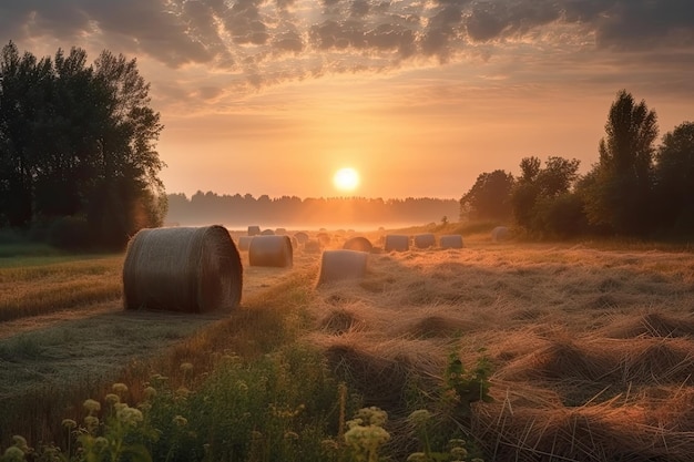 Campo com rolos de feno ao pôr do sol Generative AI