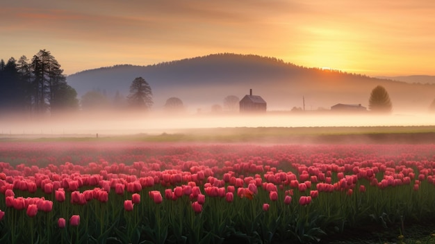 Campo com tulipas no início da manhã nebulosa Crescendo flores Campo com casas de madeira