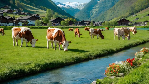 Foto campo com vacas em uma pequena cidade em apls