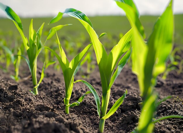 Campo de concepto agrícola plantas de maíz plántulas de maíz a la luz del sol y agro