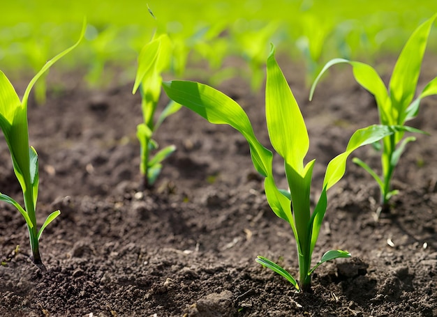 Campo de concepto agrícola plantas de maíz plántulas de maíz a la luz del sol y agro