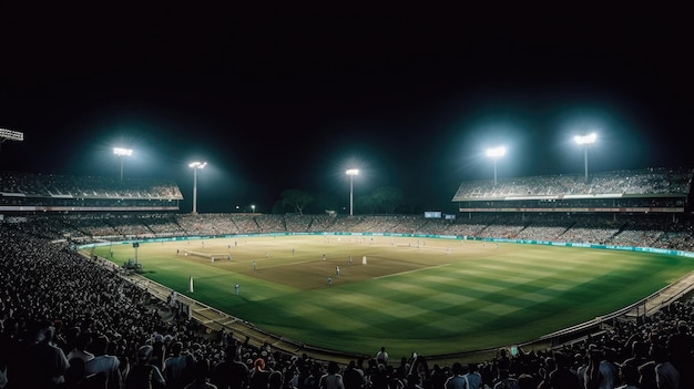 Campo de cricket durante un partido de día y noche fotografía de gran angulo con luces del estadio iluminadas