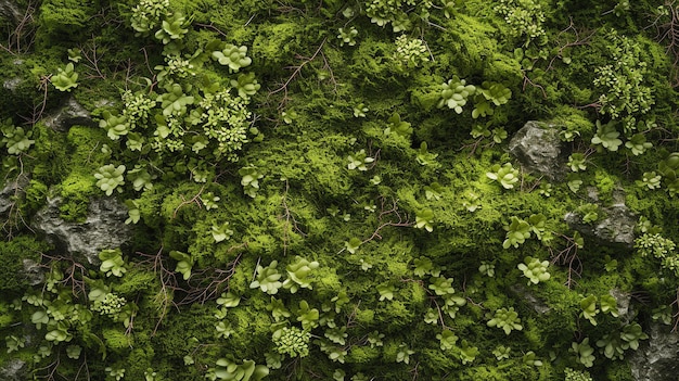 Foto un campo cubierto de exuberante musgo verde y plantas el musgo es grueso y aterciopelado y las plantas son de una variedad de formas y tamaños