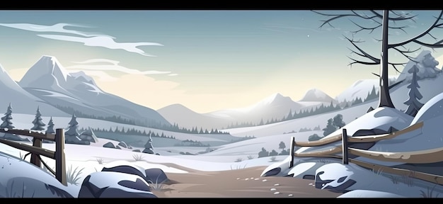 campo cubierto de nieve belleza serena campos de nieve ilustración de dibujos animados en 2d ai generativo